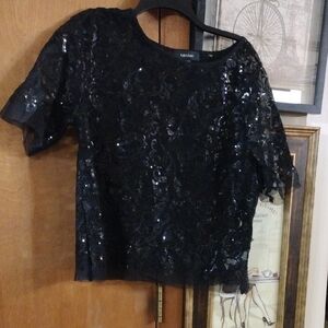 Evan Picone Black Sequin Lace Blouse